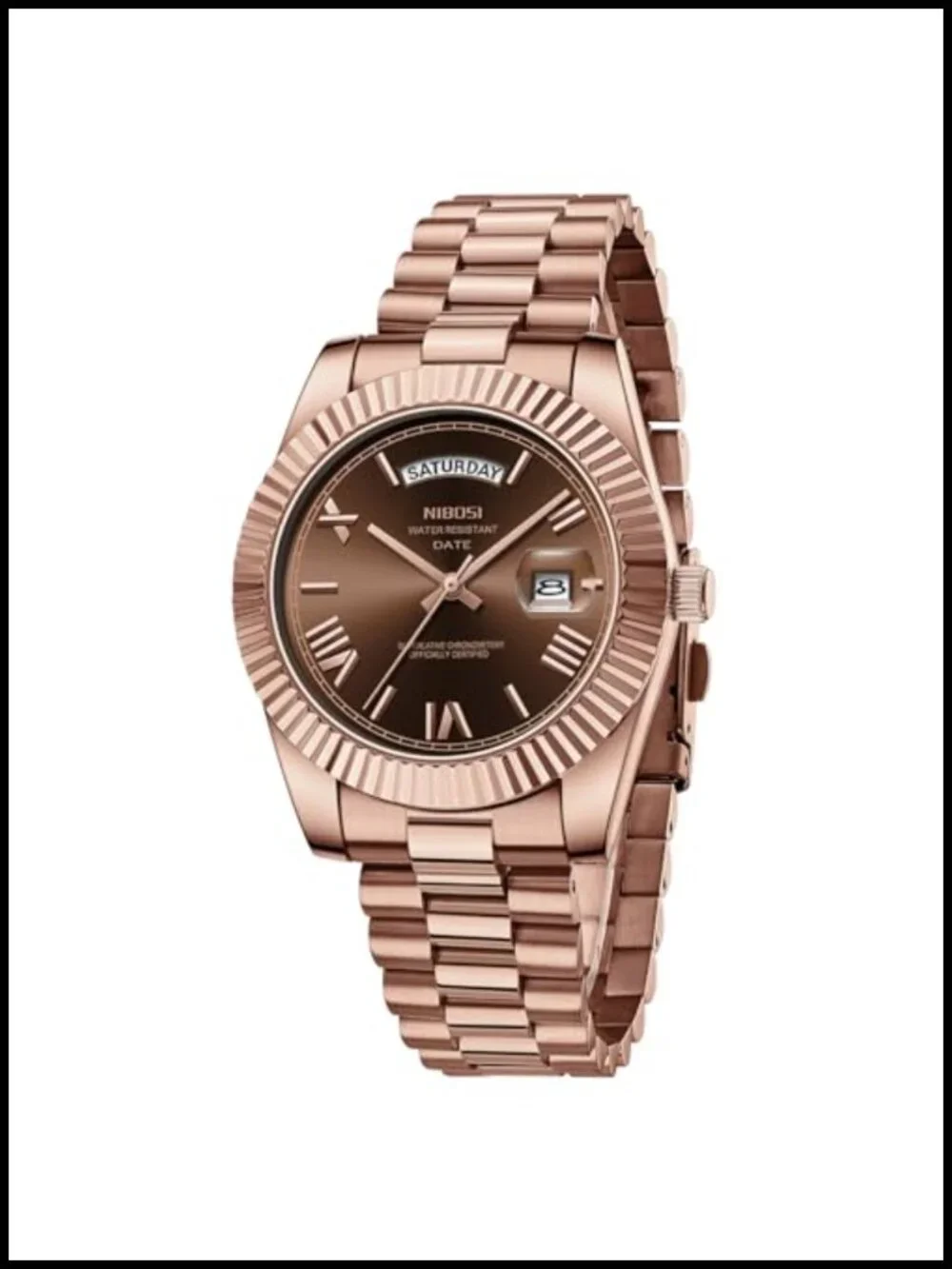 NIBOSI Men's Analog Quartz Watch Rose Gold Stainless Steel Day Date 40mm